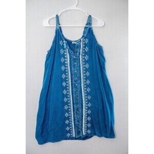 Rayasun L cotton/rayon embroidered blue button up tank top Boho fairy
